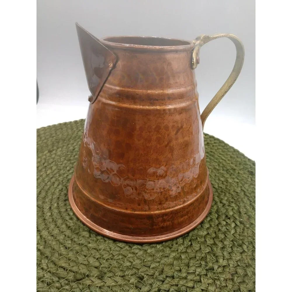 Vintage Hammered Copper Water Pitcher With Brass Handle & Spout